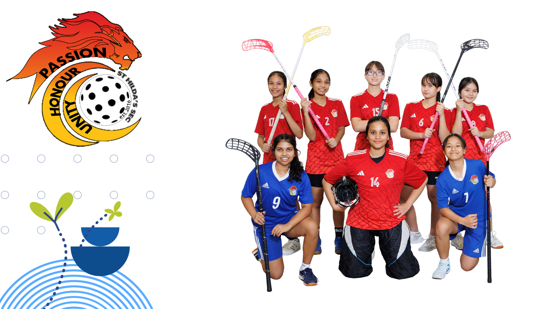 Eight girls in red and blue jerseys pose with floorball sticks next to a St Hilda's Secondary school sports crest.